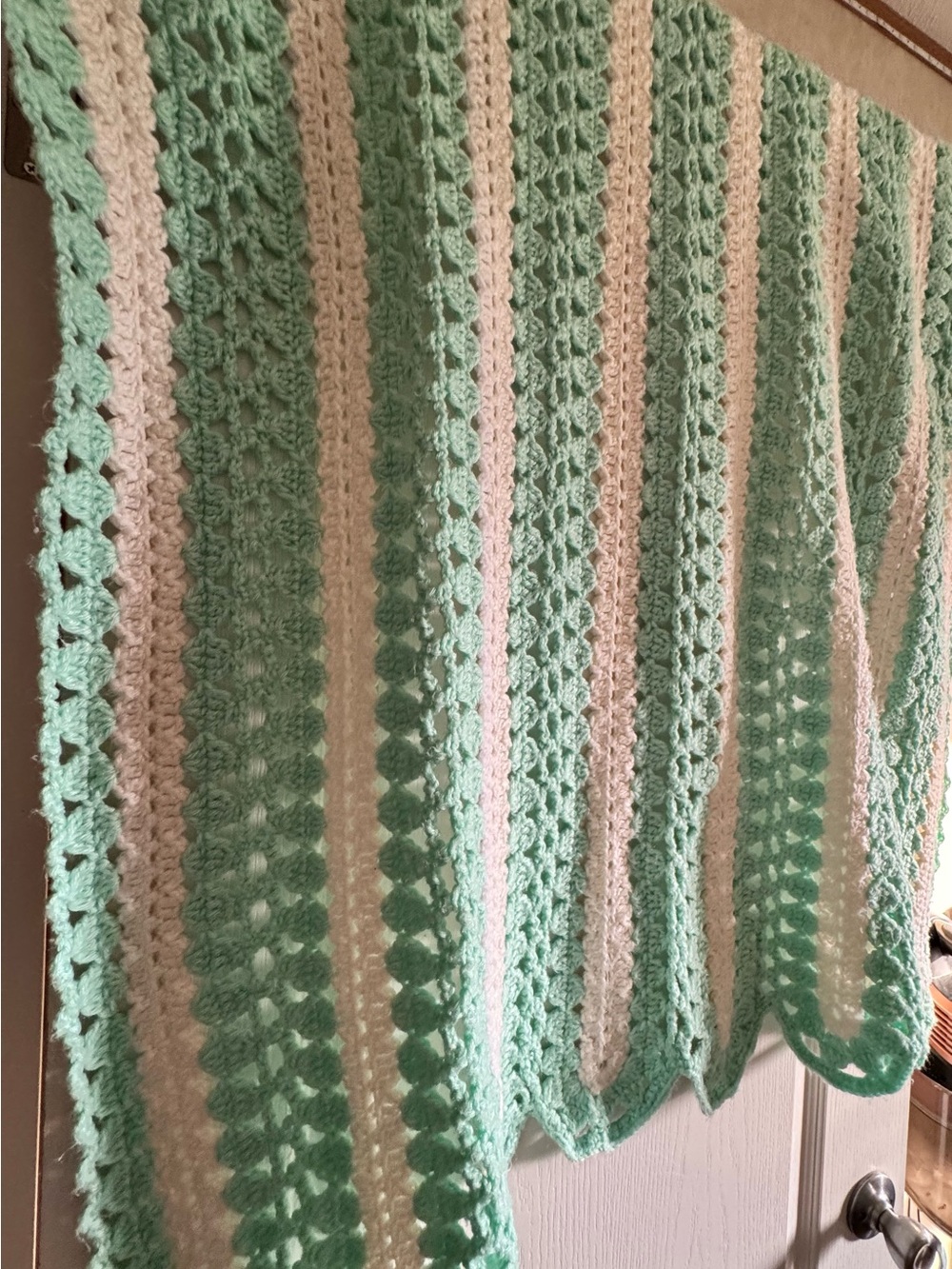 Crochet Light green & Cream afghan throw blanket 39”x51” hand knitted